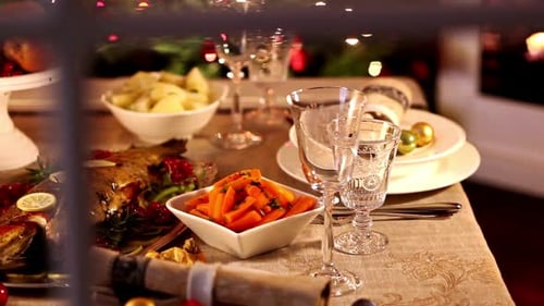 Holiday Table Setup with Roasted Fish and Vegetables