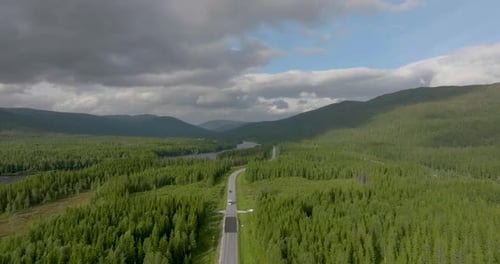 Estrada E6 Rodovia panorâmica cercada por imponentes florestas de coníferas