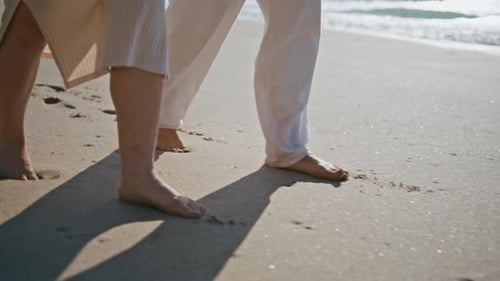 Couple Legs Stepping Sand Beach Leaving Footprints Closeup Pair Tourist Walking