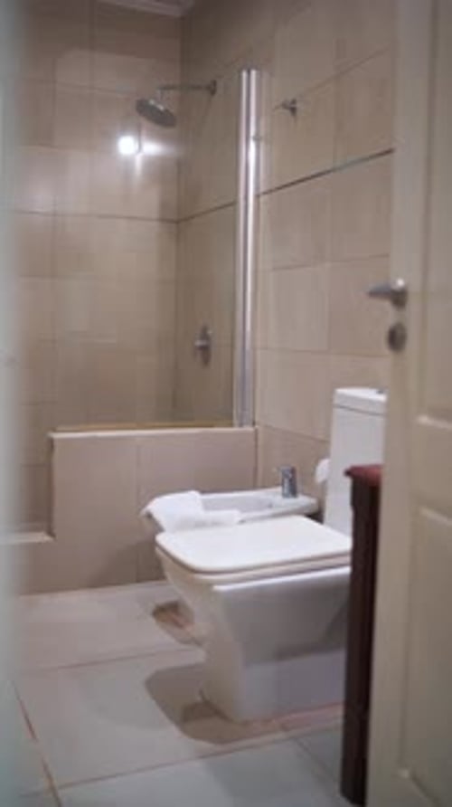 Slow moving shot of rest room at hotel in Argentina