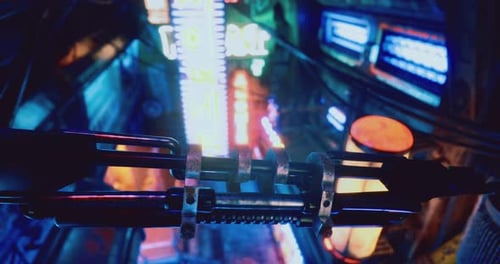 Dynamic View of a Neon Lit Urban Alley with Futuristic Details at Night