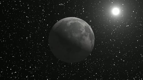 Rotating Moon and Stars with Bright Sun in Deep Space