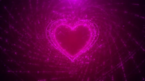 Un cœur rose éclatant émet des particules magiques, des vagues scintillantes. Une énergie vibrante, un charme romantique.