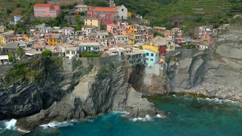 Aerial 4K footage of Vernazza, Cinque Terre in Italy.