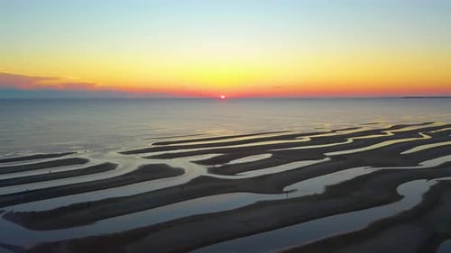 Cape Cod Bay Colorful Sun Set Aerial Drone Footage of Beach at Low Tide with Sand Bars and Puddles
