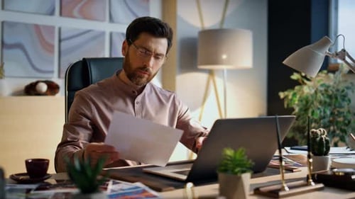 Creative Director Typing Laptop Computer Working Office Man Watching Project