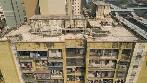 Aerial shot of a block of apartments with people living in poverty in Mumbai, India