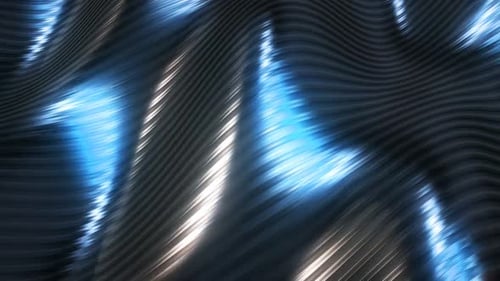Dynamic metallic waves shimmer with vibrant blue light and reflections
