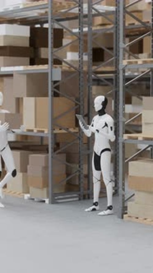 Robots Working In Logistics Warehouse