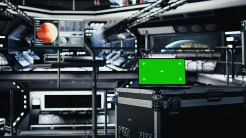 Close Up of Green Screen Mockup Laptop in Spacecraft on Top of Cargo Container