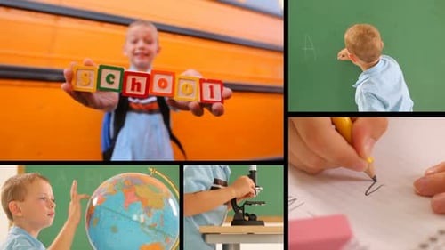 Back to school montage a young elementary student writes in the classroom