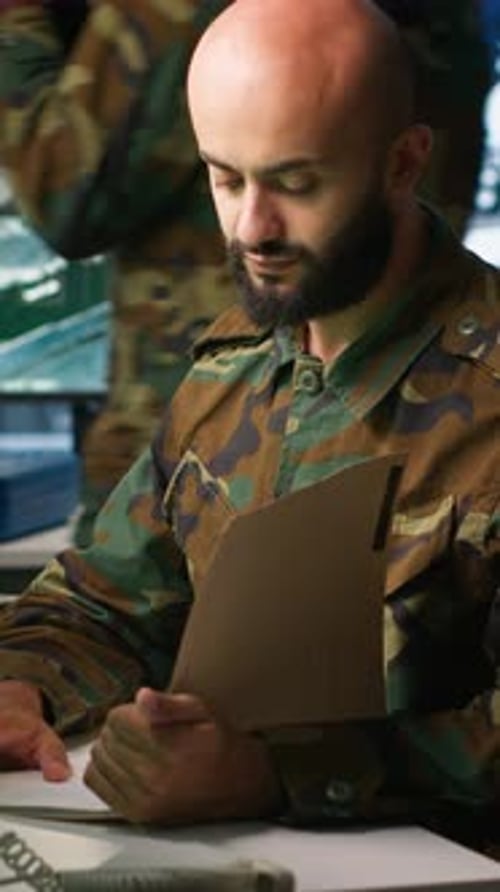 Concerned Man in Camouflage Jacket at Desk