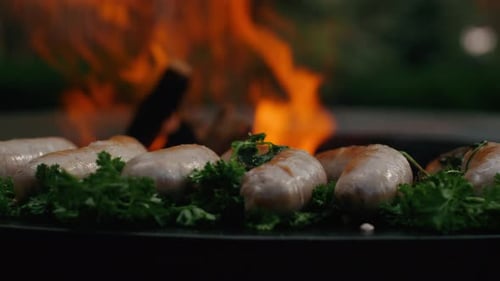 Sausages Browning On Barbecue Grill On Backyard. Closeup Sausages Frying With Herbs Outside. Juic...