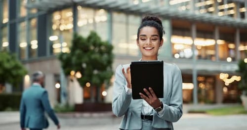 City, corporate and business woman on tablet for communication, typing email and connection