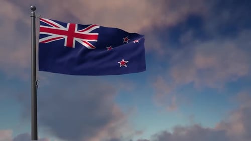 New Zealand National Flag Waving Realistically Against Sky