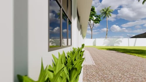 Luxury tropical villa exterior with vibrant landscaping and blue sky views available now