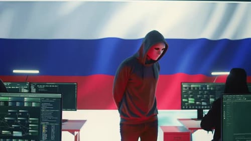Hacker russo em um ambiente de TI governamental com uma bandeira russa