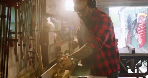 Woodworking Process Jointer Machine Carpenter Man