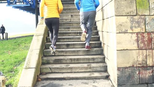 Sportive Couple of Joggers Climbing Stairs in City, Super 120