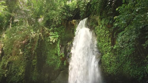 Aerial shot of beautiful hidden waterfall in green forest. Tropical mountain jungle waterfall in the