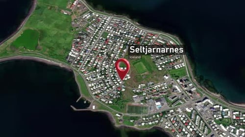 Zoom sur le plan de la ville de Seltjarnarnes (Islande) de l'espace à la Terre