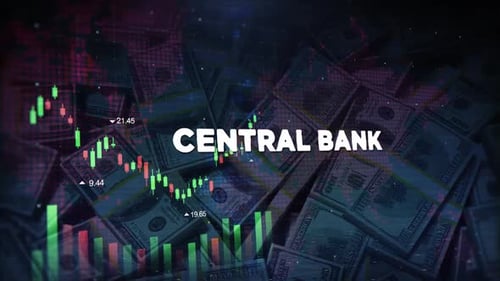 Central Bank Words On Economic Background With Decrease Bar Chart Graph And Arrow