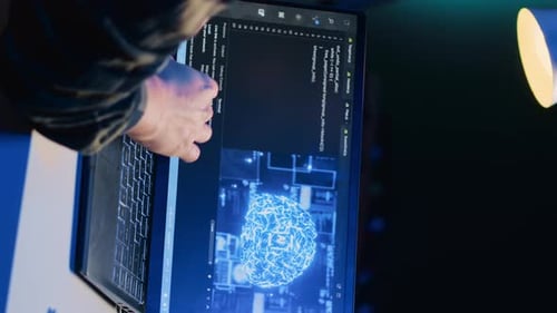 Vertical Video Teleworking IT Specialist in Apartment Office Uses Programming to Upgrade AI