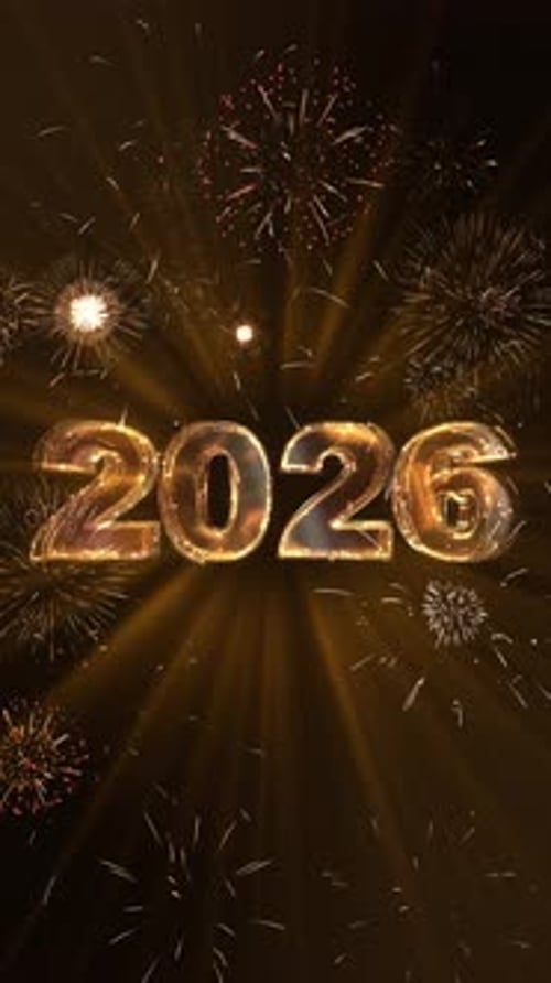 Luces brillantes doradas brillantes para la celebración del Año Nuevo 2026. Celebra los brillantes fuegos artificiales