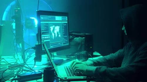 Des pirates informatiques recherchés codant un virus et un ransomware à l'aide d'ordinateurs portables et d'ordinateurs dans le cadre d'une cyberattaque