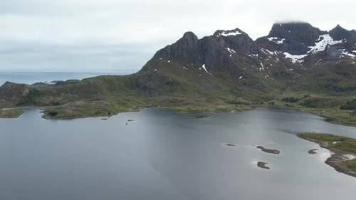 Aerial video of the picturesque coast, islands and mountains in the Lofoten Islands