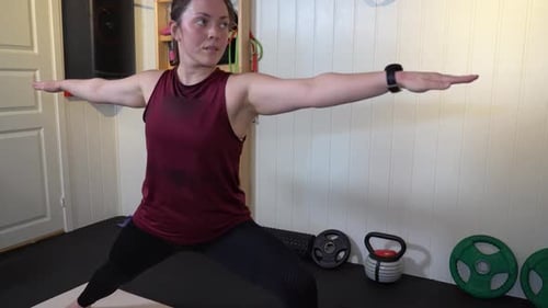 Norwegian home yoga stretching splits workout during quarantine - Home gym in basement performed by