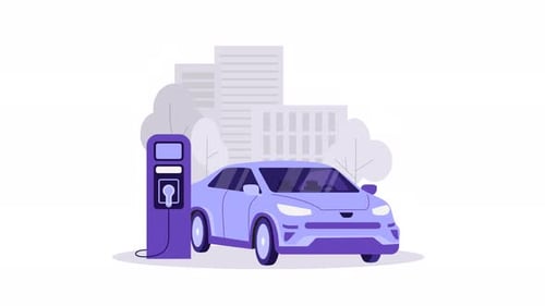 Electric car and charging station animation. Green energy consumption, electrocar