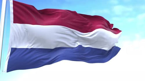 Realistic Netherlands Flag Waving on Flagpole with Blue Sky