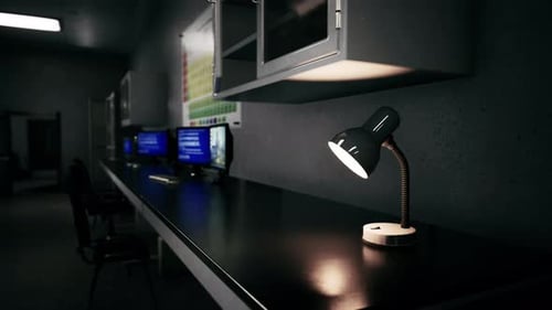 Mysterious Dark Lab with Computers and Desk Lamp Animation