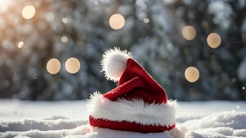 Chapéu de Papai Noel vermelho na neve com luzes de Natal cintilantes