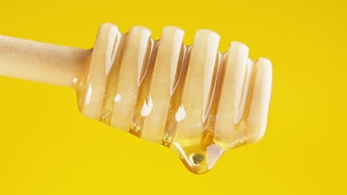 Honey Drips From Honey Dipper, Close Up Shot