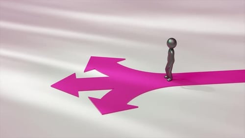Metallic Man Walking Along a Pink Arrow That Branches Into Two Making a Crucial Choice and