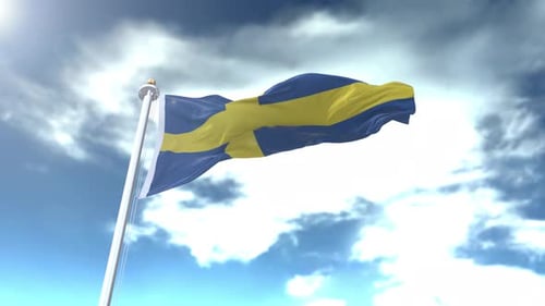 Waving Flag of Sweden in Realistic Blue Sky