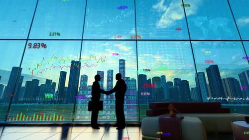 Business Collaboration Silhouette with City Office Buildings