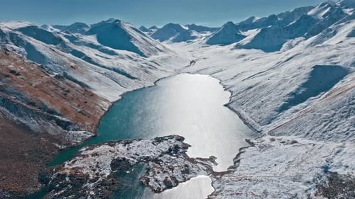 Aerial View Of Mountains And Lake In Kyrgyzstan