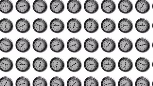 3D-Uhr-Animation auf weißer Wand. Zeitreise-Konzept. Uhr-Animationsmuster auf weißem Hintergrund.