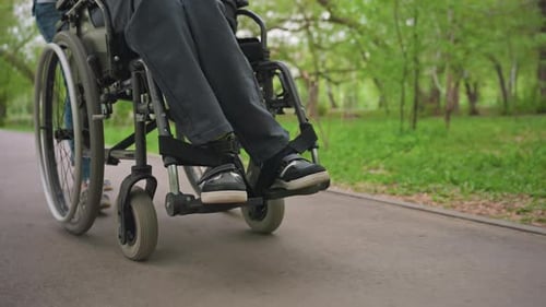 Adult pushing a child in a wheelchair in park