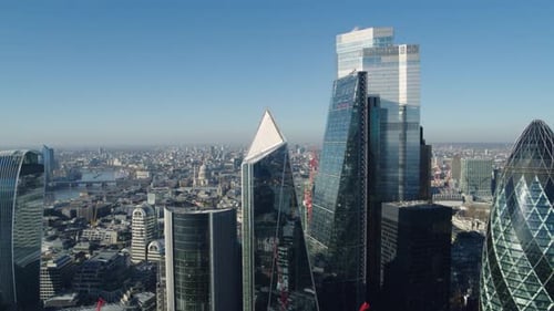 Aerial panoramic view of historic London Financial District skyline and its unique skyscrapers on a