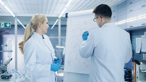Young Female and Male Scientists Write Formulas on a Whiteboard. They're Solving Scientific Problem