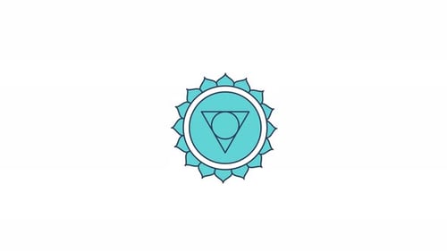 Das Vishuddha-Kehl-Chakra-Symbol rotiert in türkisfarbener 2D-Cartoon-Objektanimation