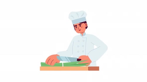 Female chef cutting green onion on board cartoon animation