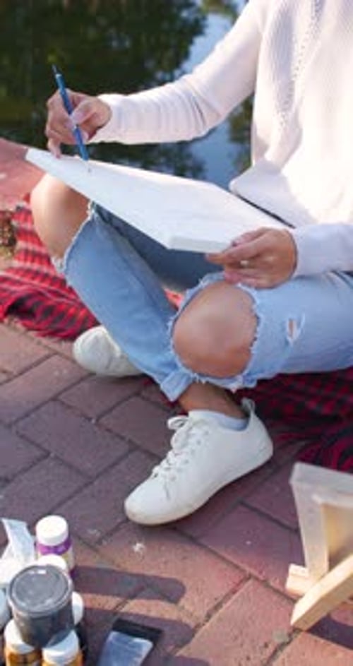 Cropped Video of Female Hands Artist Drawing an Art Outdoor