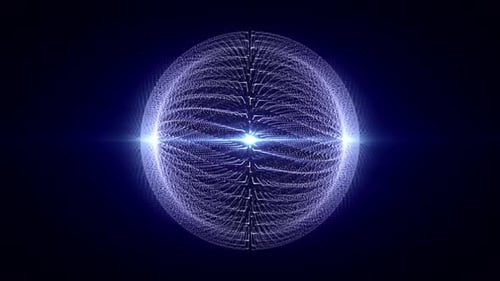 Seamless loop animation of abstract energy sphere made of glowing hi-tech waves of particles