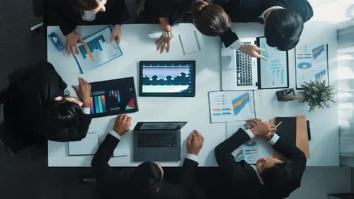 Top view of business people brainstorm marketing idea at table. Directorate.