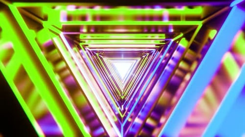 Continuous colorful triangle tunnel. Flying through futuristic neon tunnel